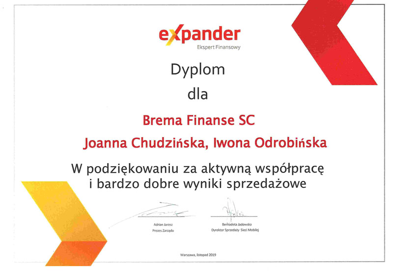 Brema Finanse - dyplom za współpracę od firmy Expander
